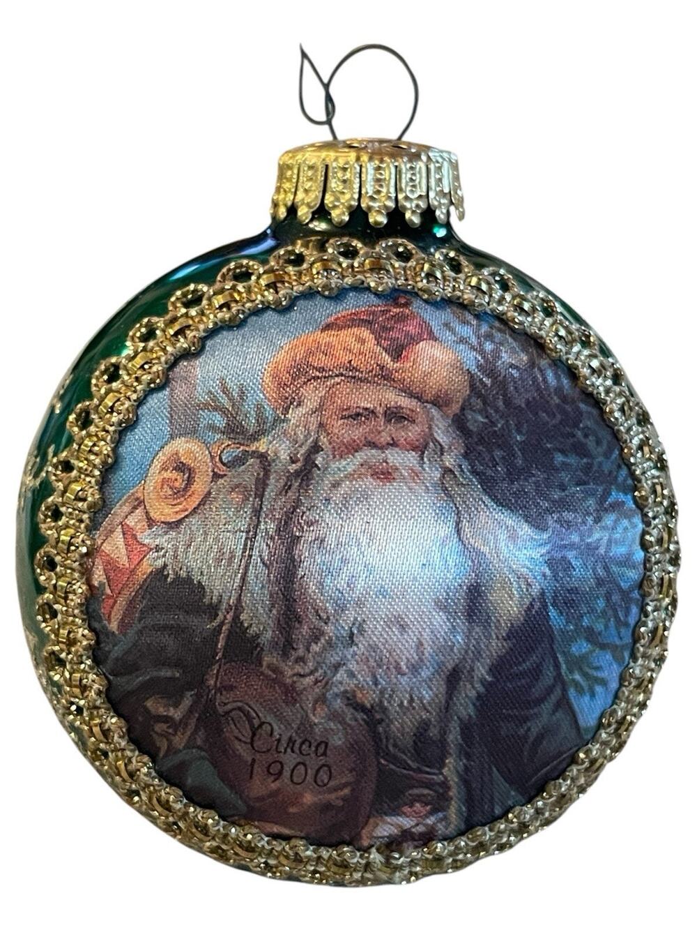 VTG 1994 Christmas by Krebs Ornament Set 2 Pcs Santa on Silk Green & Gold W/Box